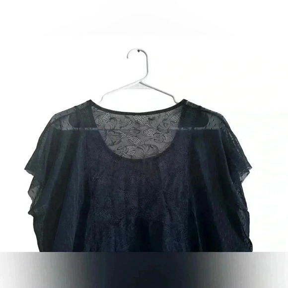 Free People Blue Floral Lace Stretchy Mesh Blouse Top Raglan Short Sleeve Sz S/P - Picture 6 of 12